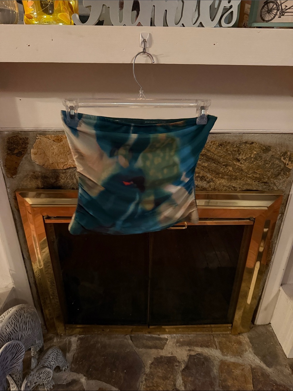 Abstract Teal and Cream Strapless Crop Top - Chic Summer Staple